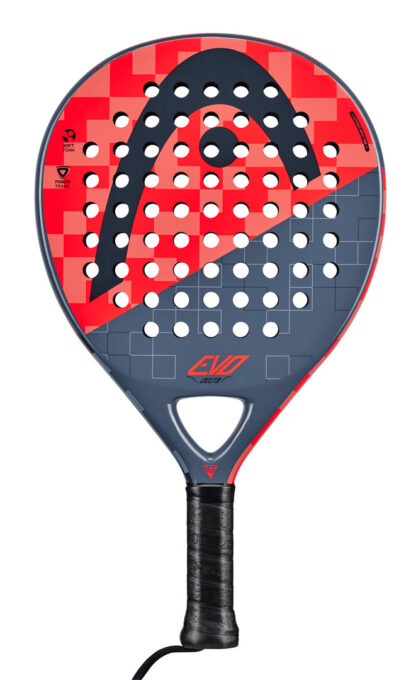 Red and grey padel bat with red HEAD logo on the head of the racquet. Evo in red writing on the botton of the head. Black grip.