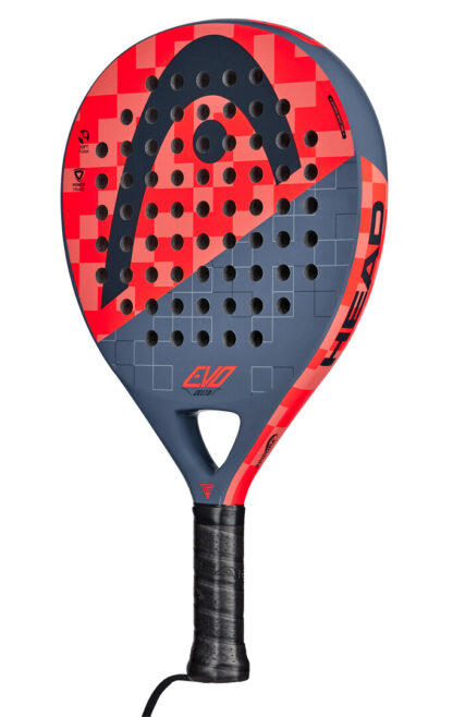 Side view of grey and red padel bat with black HEAD logo on the head of the racquet. Evo in black writing on the botton of the head. Black grip.