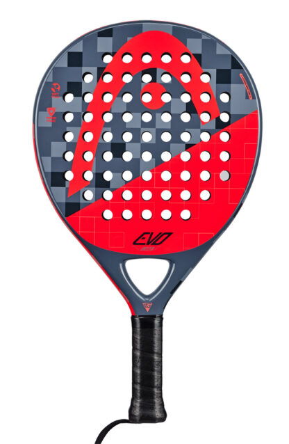 Grey and red padel bat with red HEAD logo on the head of the racquet. Evo in black writing on the botton of the head. Black grip.