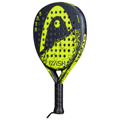 Side view of black and yellow Padel bat with yellow HEAD logo on the head of the racquet. Flash in grey writing on the botton of the head. Black grip.