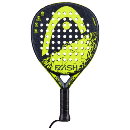 Black and yellow Padel bat with yellow HEAD logo on the head of the racquet. Flash in grey writing on the botton of the head. Black grip.
