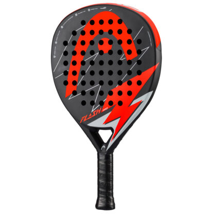 Side view of black, grey and orange Padel bat with orange HEAD logo on the head of the racquet. Flash Pro in orange writing on the botton of the head. Black grip.