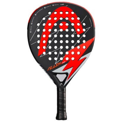 Black, grey and orange Padel bat with orange HEAD logo on the head of the racquet. Flash Pro in orange writing on the botton of the head. Black grip.