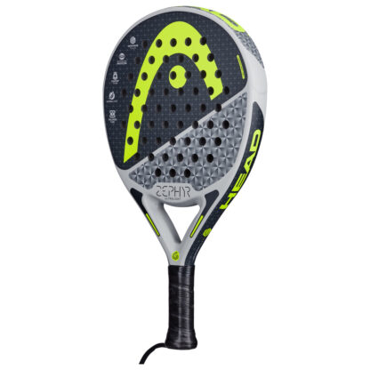 Side view of black, grey and yellow Padel bat with yellow HEAD logo on the head of the racquet. Zephyr in black writing on the botton of the head. Black grip.