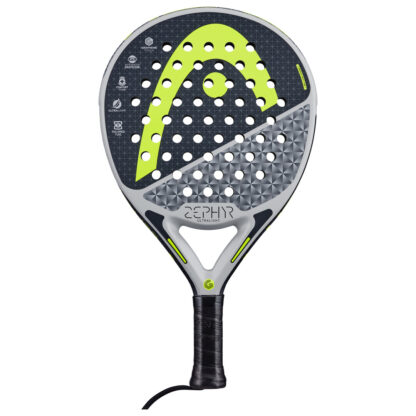 Black, grey and yellow Padel bat with yellow HEAD logo on the head of the racquet. Zephyr in black writing on the botton of the head. Black grip.