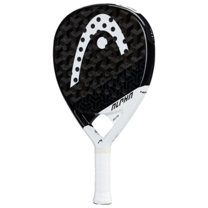 Side view of black and white padel bat with white HEAD logo on the racquet head. Alpha in black writing on the lower right side of the racquet. White grip.