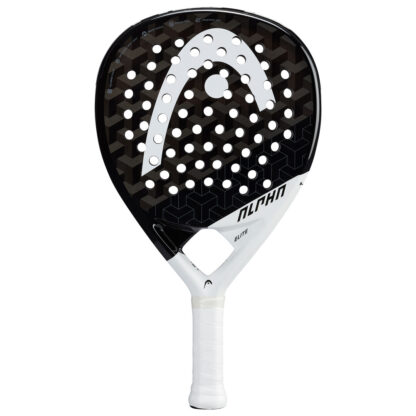 Black and white padel bat with white HEAD logo on the racquet head. Alpha in black writing on the lower right side of the racquet. White grip.