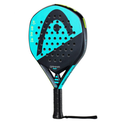 Side view of black, turqouise and yellow Padel bat with black HEAD logo on the head of the racquet. Gamma in grey writing on the botton of the head. Black grip.