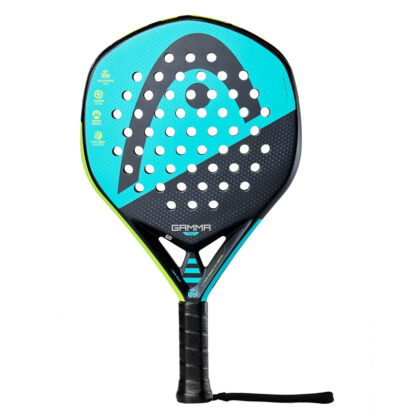 Black, turqouise and yellow Padel bat with black HEAD logo on the head of the racquet. Gamma in grey writing on the botton of the head. Black grip.
