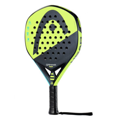 Side view of black, yellow and turqouise Padel bat with black HEAD logo on the head of the racquet. Gamma in grey writing on the botton of the head. Black grip.