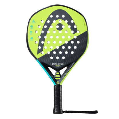 Black, yellow and turqouise Padel bat with black HEAD logo on the head of the racquet. Gamma in grey writing on the botton of the head. Black grip.
