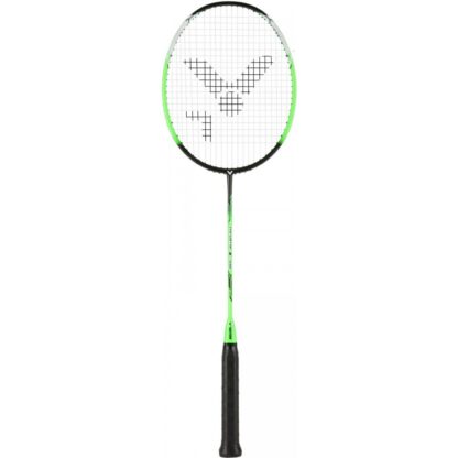 Green, black and white Victor badminton racquet. White strings with black Victor logo. Black grip. Victor Thruster K 330 in black writing on shaft.