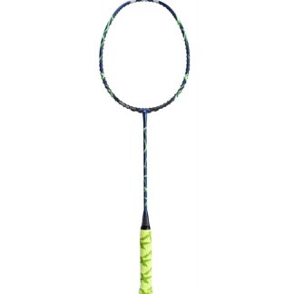 Badminton-ketcher. Metallisk blå og med grønne staferinger.