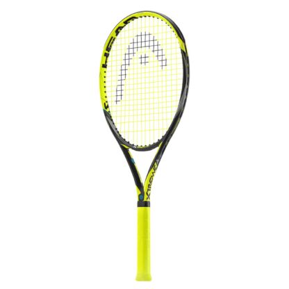 Side view of yellow and black HEAD tennis racquet. Yellow strings with black head logo. Xtreme S in black and silver writing on throat. HEAD in black writing inside racquet head. Yellow grip.