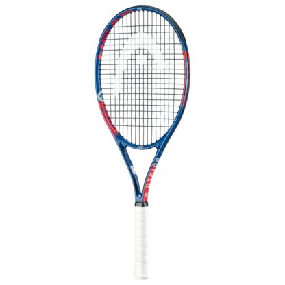 Side view of HEAD tennis racquet. Primarily blue with red details. Black strings with white HEAD logo. DTF 100 in white writing on throat. DTF logo in white inside the racquet head as well as HEAD in red writing. White grip.