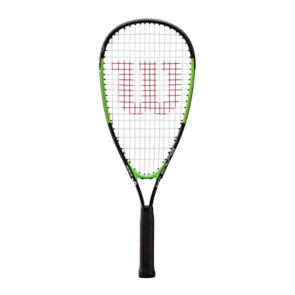 Squash racquet. Strung and with W (Wilson) logo painted on strings. Green frame and black grip.