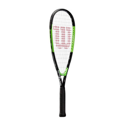 Squash racquet. Strung and with W (Wilson) logo painted on strings. Green frame and black grip.