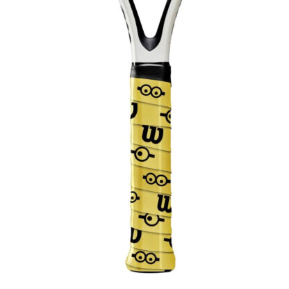 Yellow Wilson minions overgrip on racquet with black W (Wilson) and minion eyes