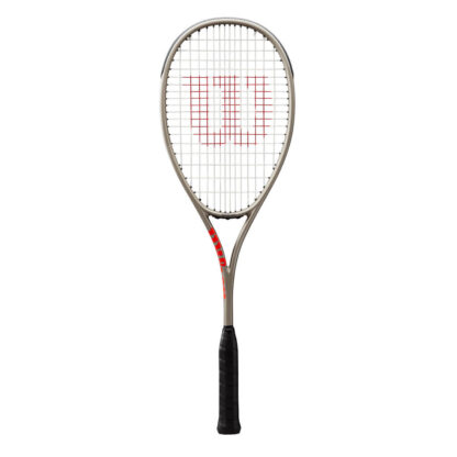 Squash racquet. Strung and with W (Wilson) logo painted on strings. Silver frame and black grip.