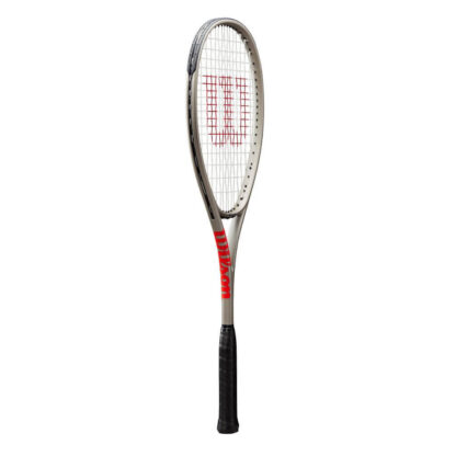 Squash racquet. Strung and with W (Wilson) logo painted on strings. Silver frame and black grip.