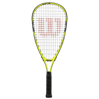 Squash racquet. Strung and with W (Wilson) logo painted on strings. Green frame and black grip.