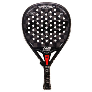 Padelbat (front view) in black with white "Enebe" (brand name) and white "Spitfire" (model name)