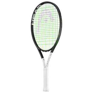 Tennis racquet. Black beam and white handle. Black HEAD logo painted on green strings.