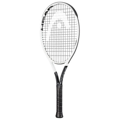Tennis racquet. White beam, black bumper and handle. White HEAD logo painted on black strings.