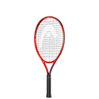 Tennis racquet. Orange-red beam and black handle. White HEAD logo painted on strings.