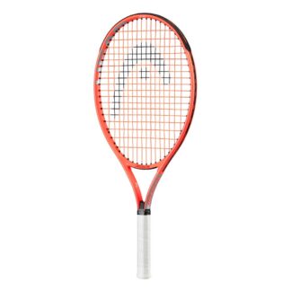 Tennis racquet. Orange-red beam and white handle. Black HEAD logo painted on red/orange strings.