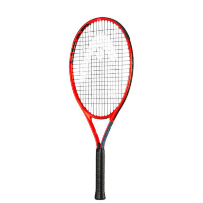 Tennis racquet. Orange-red beam and black handle. White HEAD logo painted on strings.