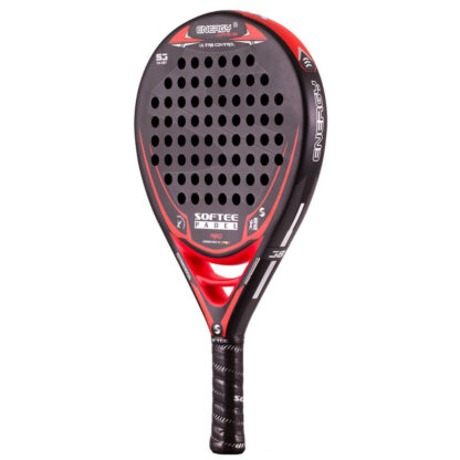 Padelbat (side view) in black with red stribes plus white "Softee" (brand name) and "Energy" (model name)