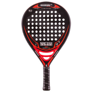 Padelbat (front view) in black with red stribes plus white "Softee" (brand name) and "Energy" (model name)