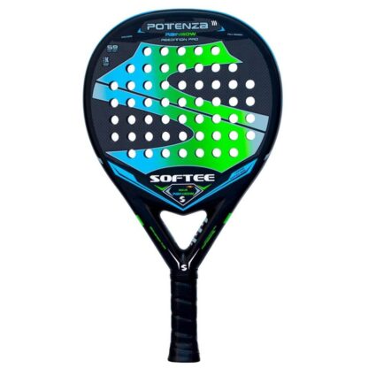 Padelbat (front view) in black with huge "S" (Softee) in blue and green plus white "Softee" (brand name) and "Potenza Rainbow" (model name)