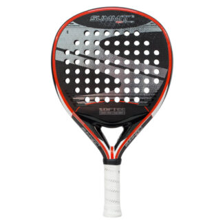 Padelbat (front view) in black with red rim, and "Softee" (brand name) and "Summit" (model name)