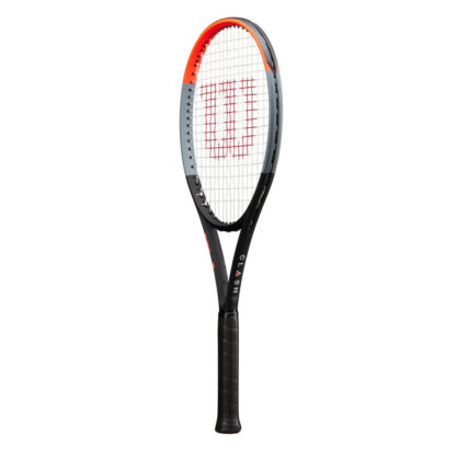 Side view of tennis racquet. Beam in orange, gray and black. A big red "W" painted on the white strings.