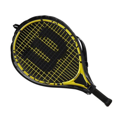 Junior tennis racquet (17") with Minions icons - inside racquet sleve (transparent on one side - so that racquet is visible)