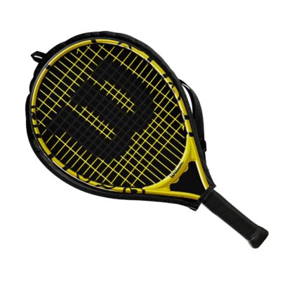 Junior tennis racquet (19") with Minions icons - inside racquet sleve (transparent on one side - so that racquet is visible)