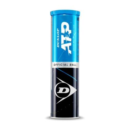 Tube with 4 tennis balls. Blue and black tin with Dunlop ATP Official ball in black writing on the can.