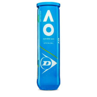 Tube with 4 tennis balls. Blue wrapper with Australian Open in white writing.