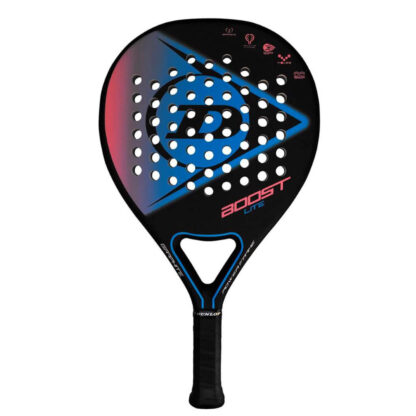 Padel bat in black, blue and pink from Dunlop. Black base, with blue pink Dunlop arrow details. Boost lite in blue and pink writing. Black grip.