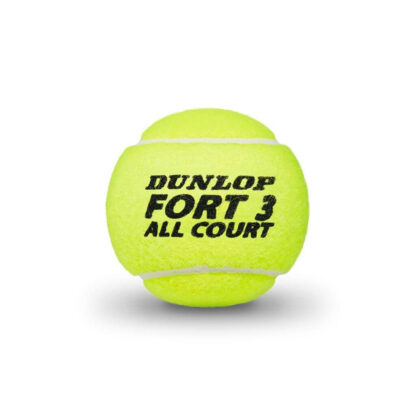 Single tennis ball with Dunlop Fort 3 All Court in black writing.