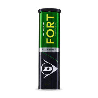 Tube with 4 tennis balls. Green and black tin with Dunlop fort in writing on the tin.