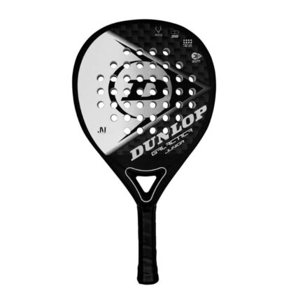 Padel bat in black and white from Dunlop. Black base, with white Dunlop arrow details. Dunlop Galactica Junior in white writing. Black grip.