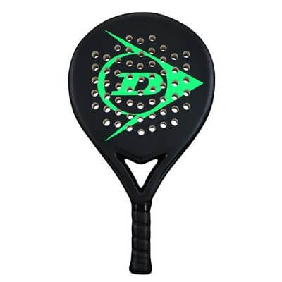 Black and green padel bat from Dunlop. Green Dunlop logo in the middle. Black grip.