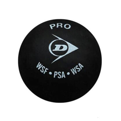 Squash ball with white Dunlop logo and Pro WSF, PSA, WSA in red writing.