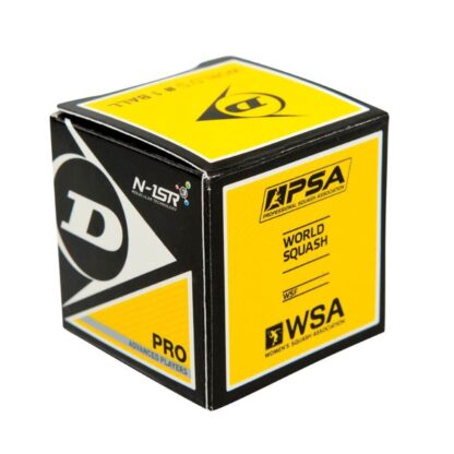 Single box of Dunlop Pro squash ball. Black box with yellow details.