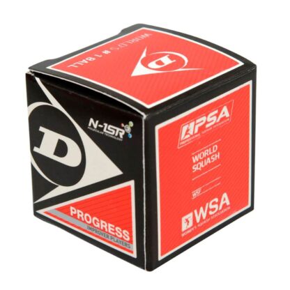 Single box of Dunlop Progress squash ball. Black box with red details.
