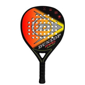 Black, orange and green padel bat from Dunlop. Grey Dunlop logo in the middle. Dunlop Rapid Power 3.0 in grey, orange and green writing. Black grip.