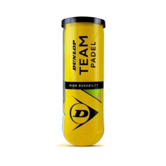Tube with 3 padel balls. Yellow wrapper with Dunlop Team Padel in black writing.